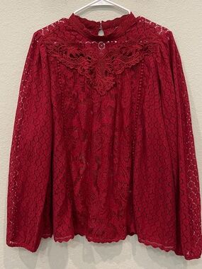 Torrid Top Women's Size 2 Red Mixed Lace High Neck Long Sleeve Romantic